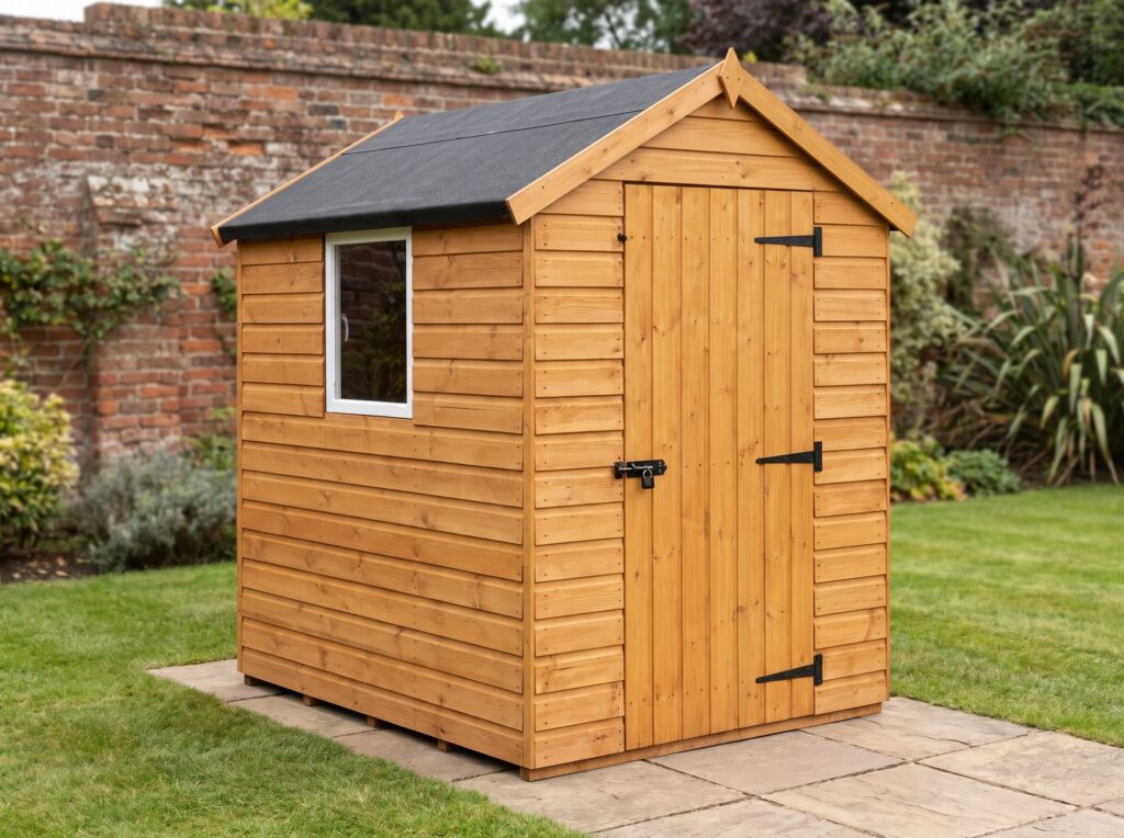 Ashcroft 6x4 apex garden shed in honey-brown treated timber on a paved base in a British back garden