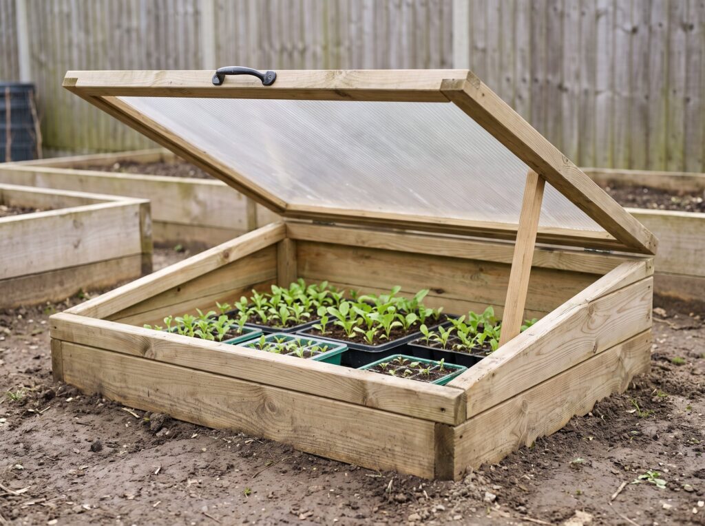 Denbigh timber cold frame with the polycarbonate lid propped open over trays of seedlings
