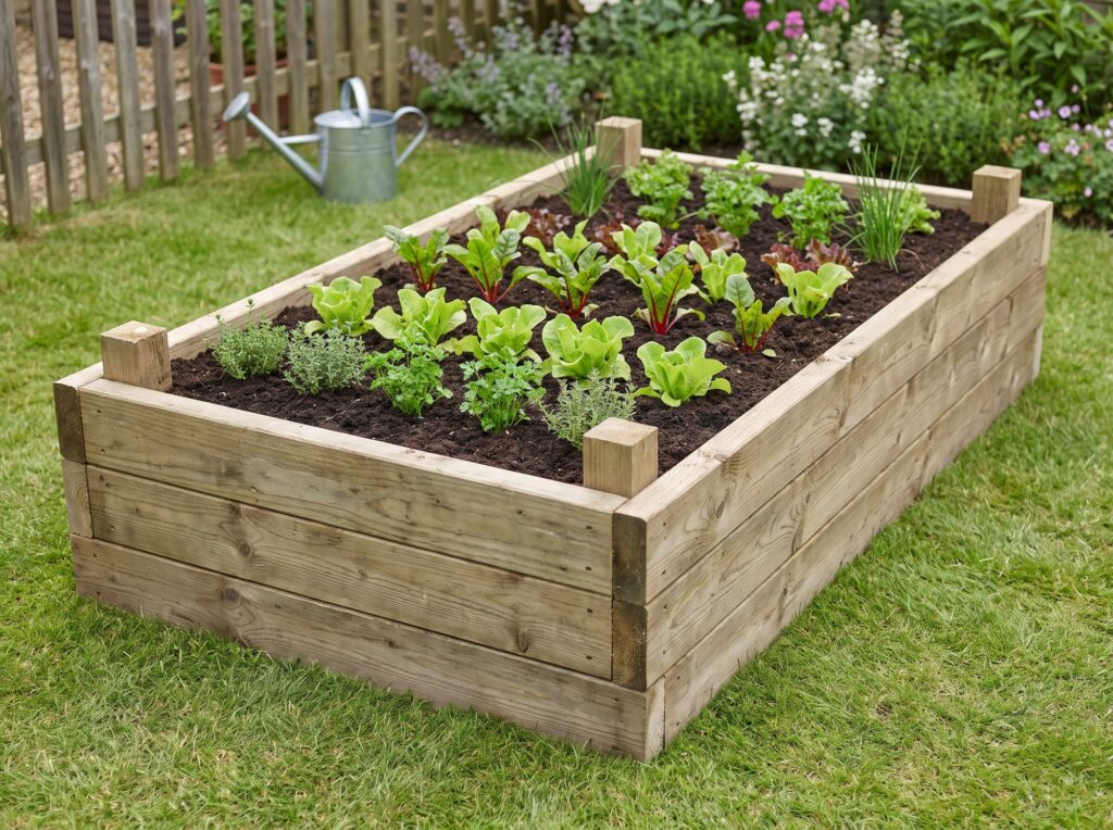 Fairhaven 1.8m timber raised garden bed planted with lettuce and herb seedlings on a lawn