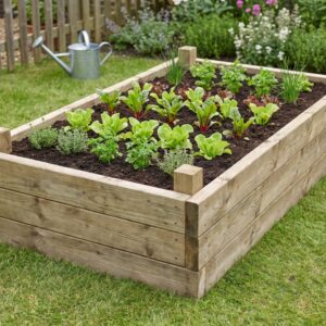 Fairhaven 1.8m timber raised garden bed planted with lettuce and herb seedlings on a lawn
