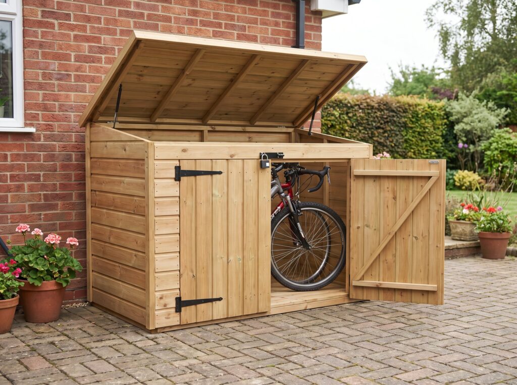 Hollins two-bike timber bike store open with two bicycles inside on a block-paved patio