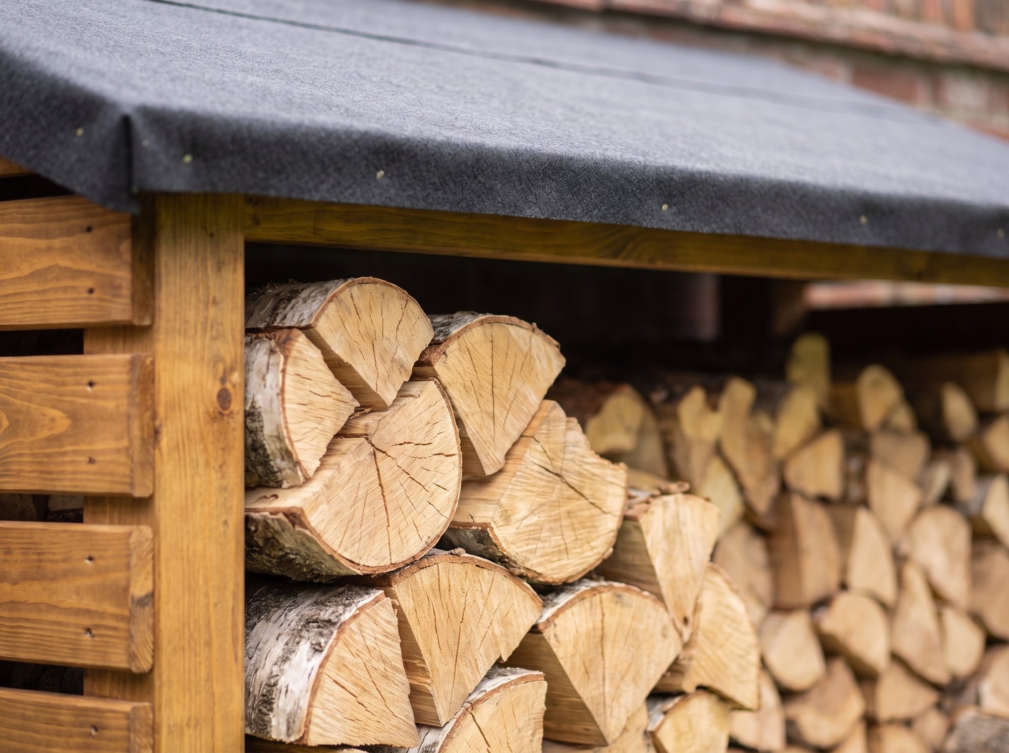 Close-up of the roof overhang, corner post and cut log ends on the Kelsall timber log store