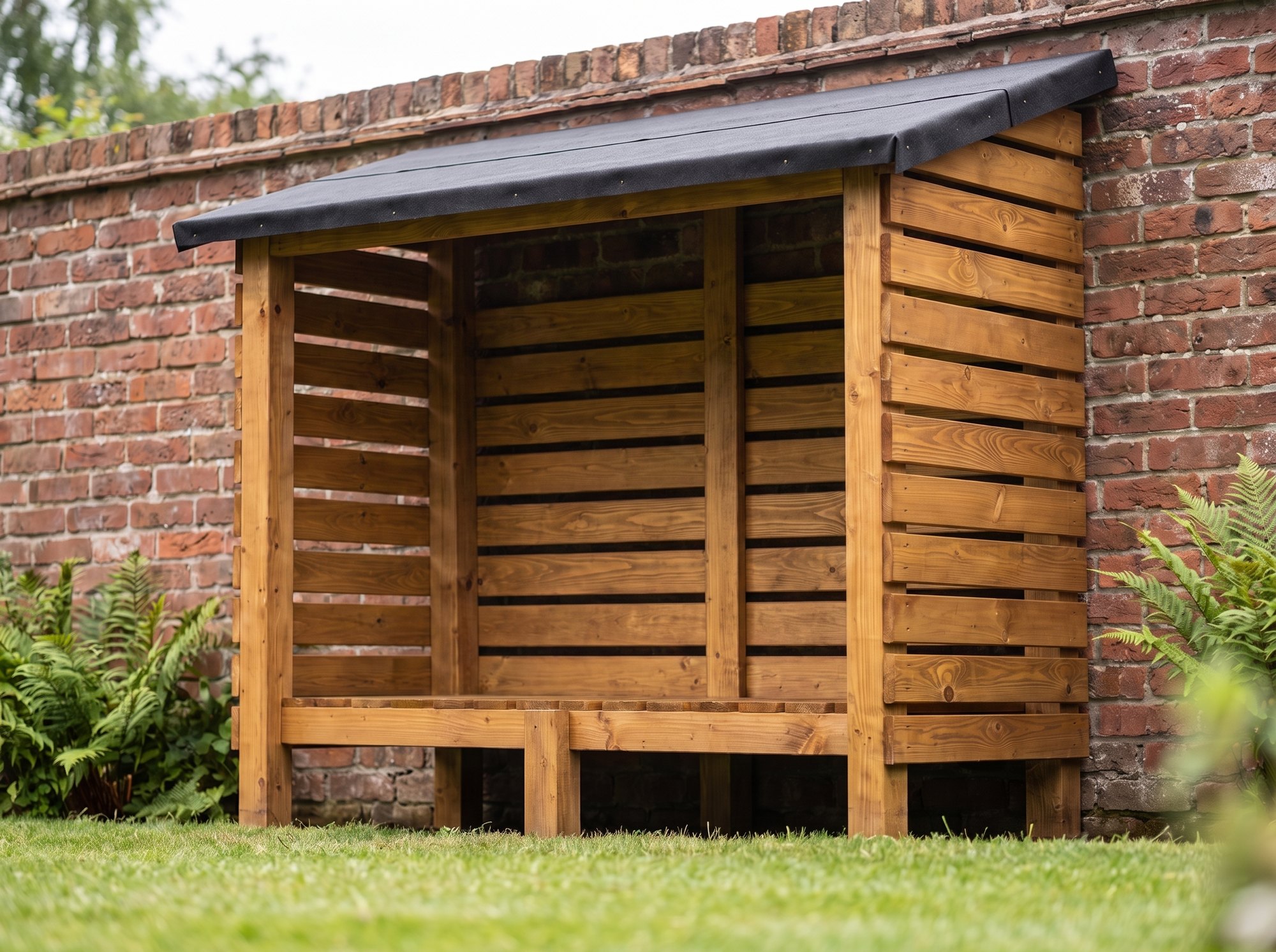 Kelsall large timber log store empty, showing the slatted back panel and raised timber base