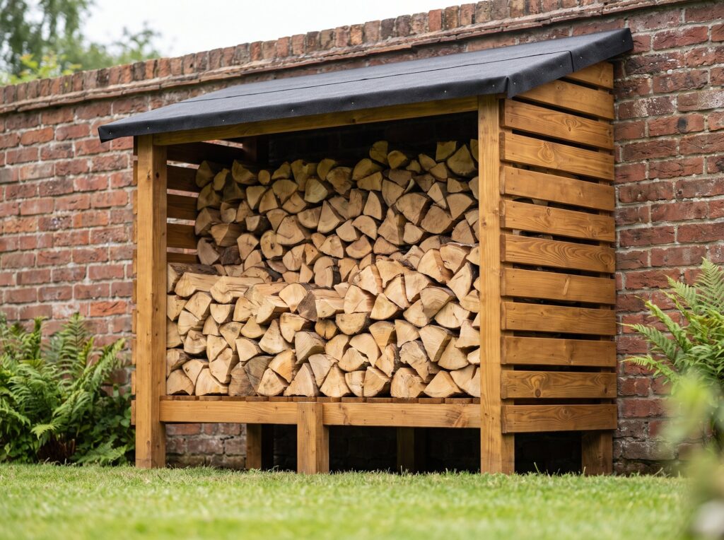 Kelsall large timber log store filled with stacked split firewood against a brick garden wall
