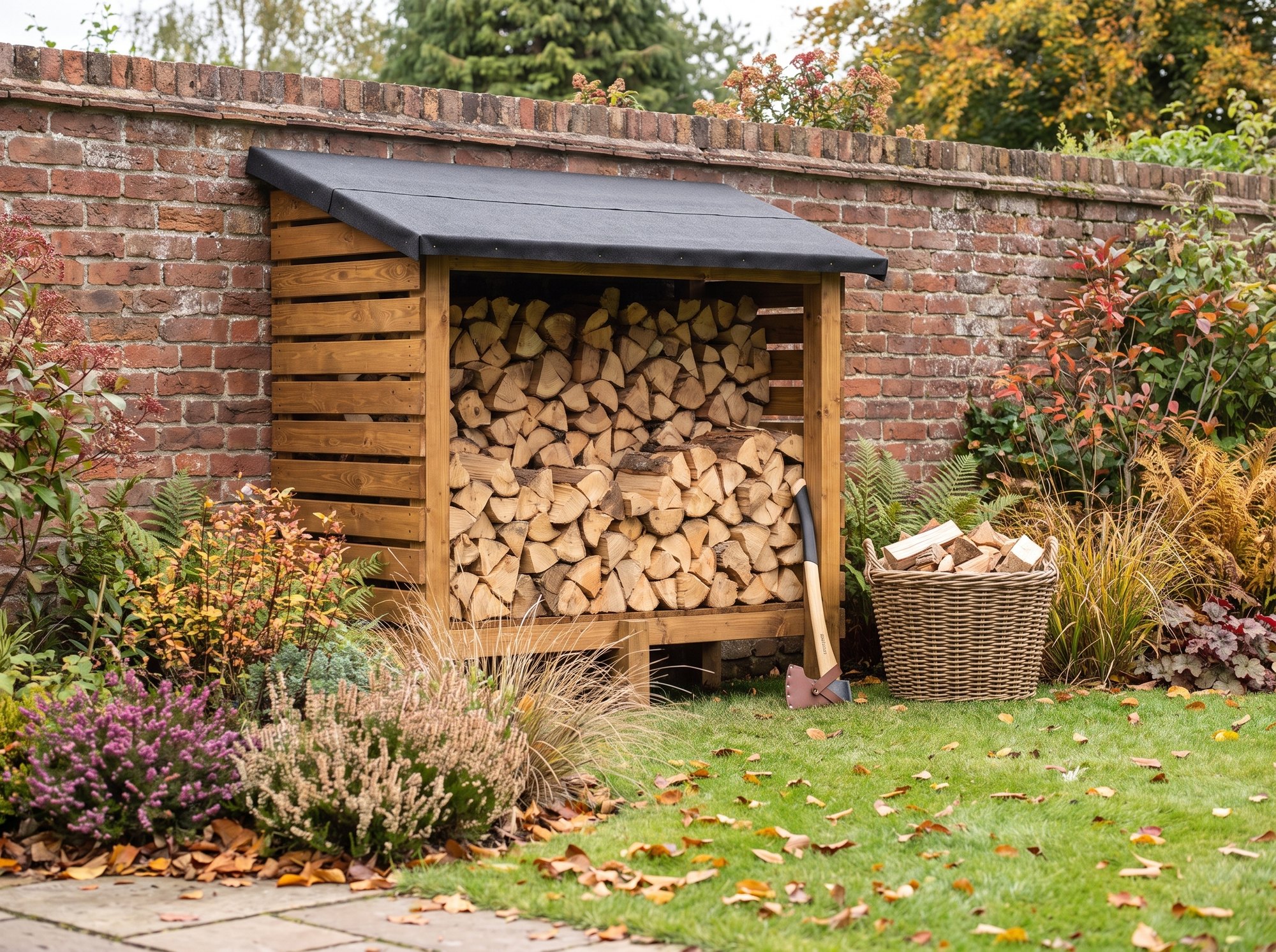 Kelsall timber log store full of logs with a log basket and axe beside it in a British garden