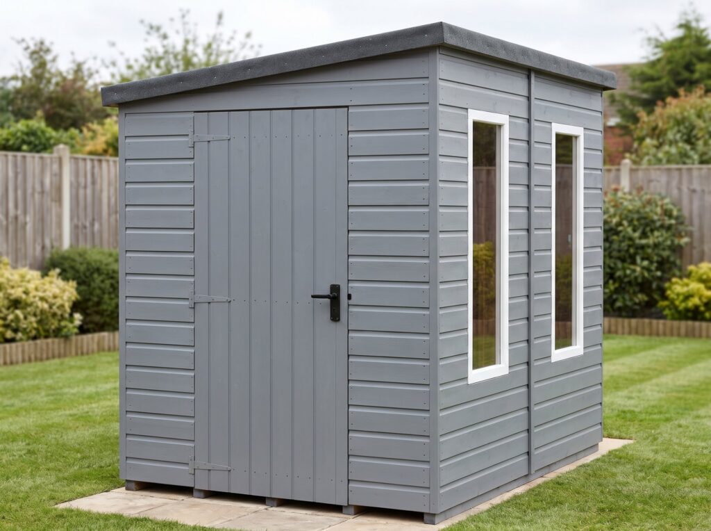 Marlow 7x5 pent garden shed in grey painted shiplap timber beside a fence in a British garden