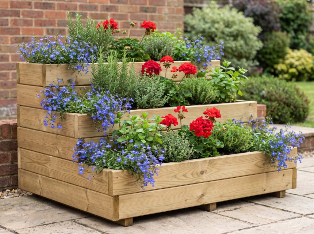 Thornbury three-tier timber planter on a patio planted with lobelia, geraniums and herbs