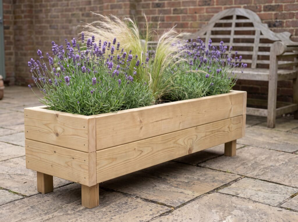 Winsford 120cm timber trough planter on legs planted with lavender and ornamental grasses